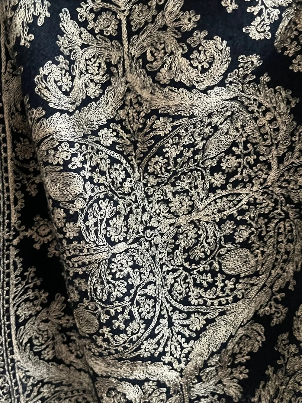 Stunning Kashmir 100% Wool Shawl Stole Black w Gold Silk Thread Full Embroidery